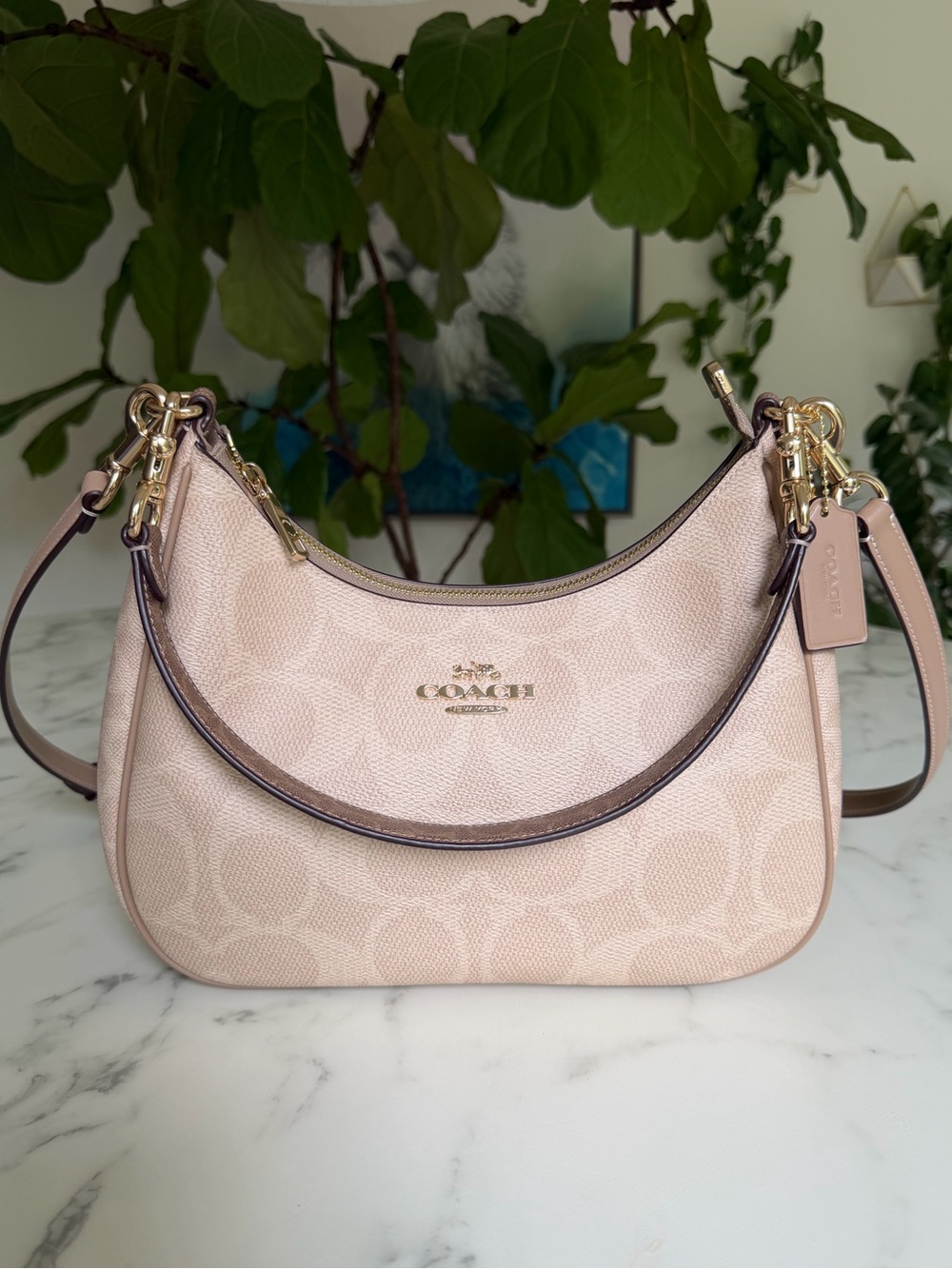 Coach Teri Hobo Crossbody Bag In Blocked Signature Canvas Gold Sand Tan CAA69